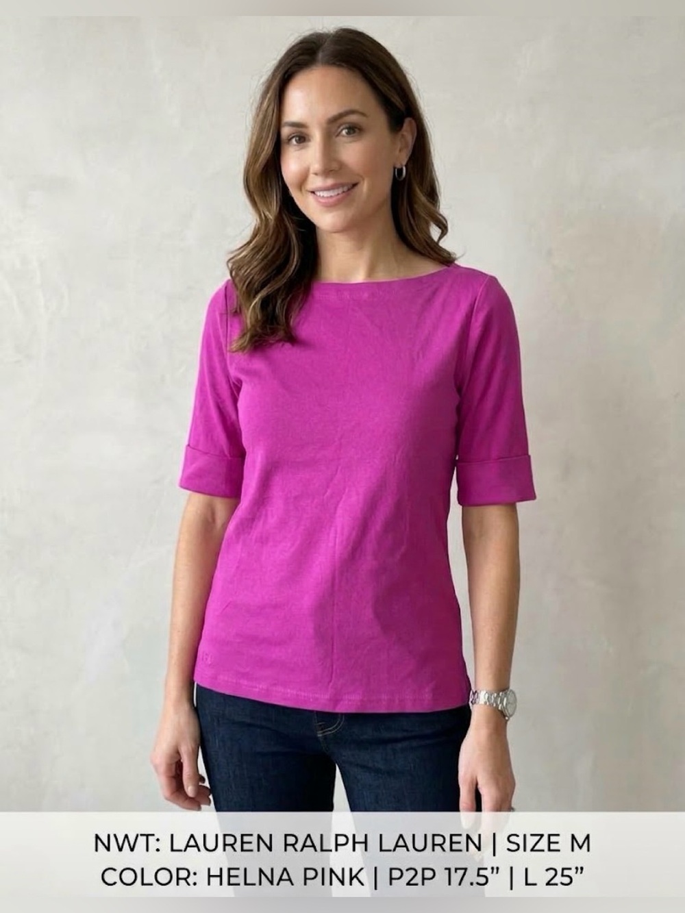 NWT Lauren Ralph Lauren Magenta Pink Boatneck Cuff Top Medium